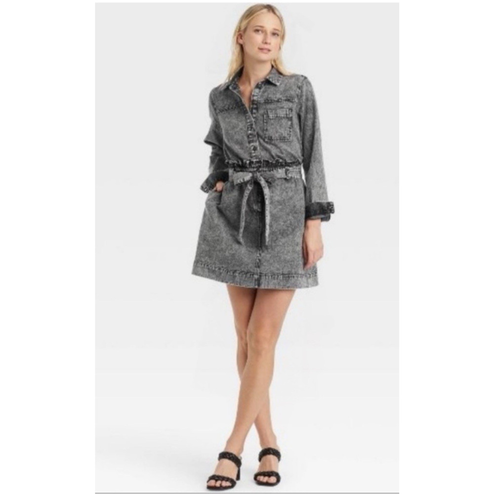 Who What Wear Womens Grey Acid Wash Denim Paperbag Waist Shirt‎ Dress Size S NWT